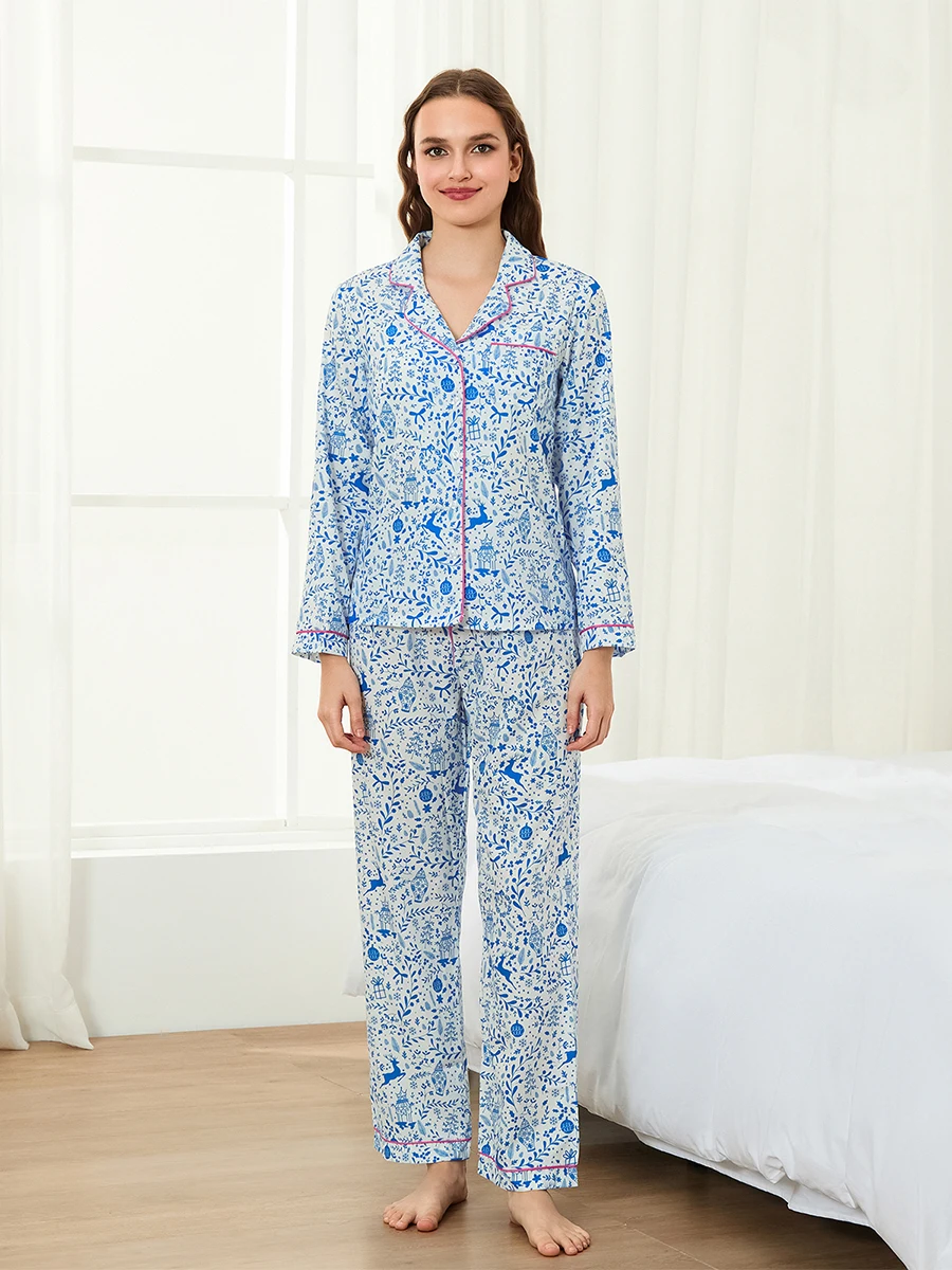 

New Women Christmas Pajama Set Tree Wreath Elk Print Long Sleeve Shirt With Pants Sleepwear Loungewear Hot Sale S M L