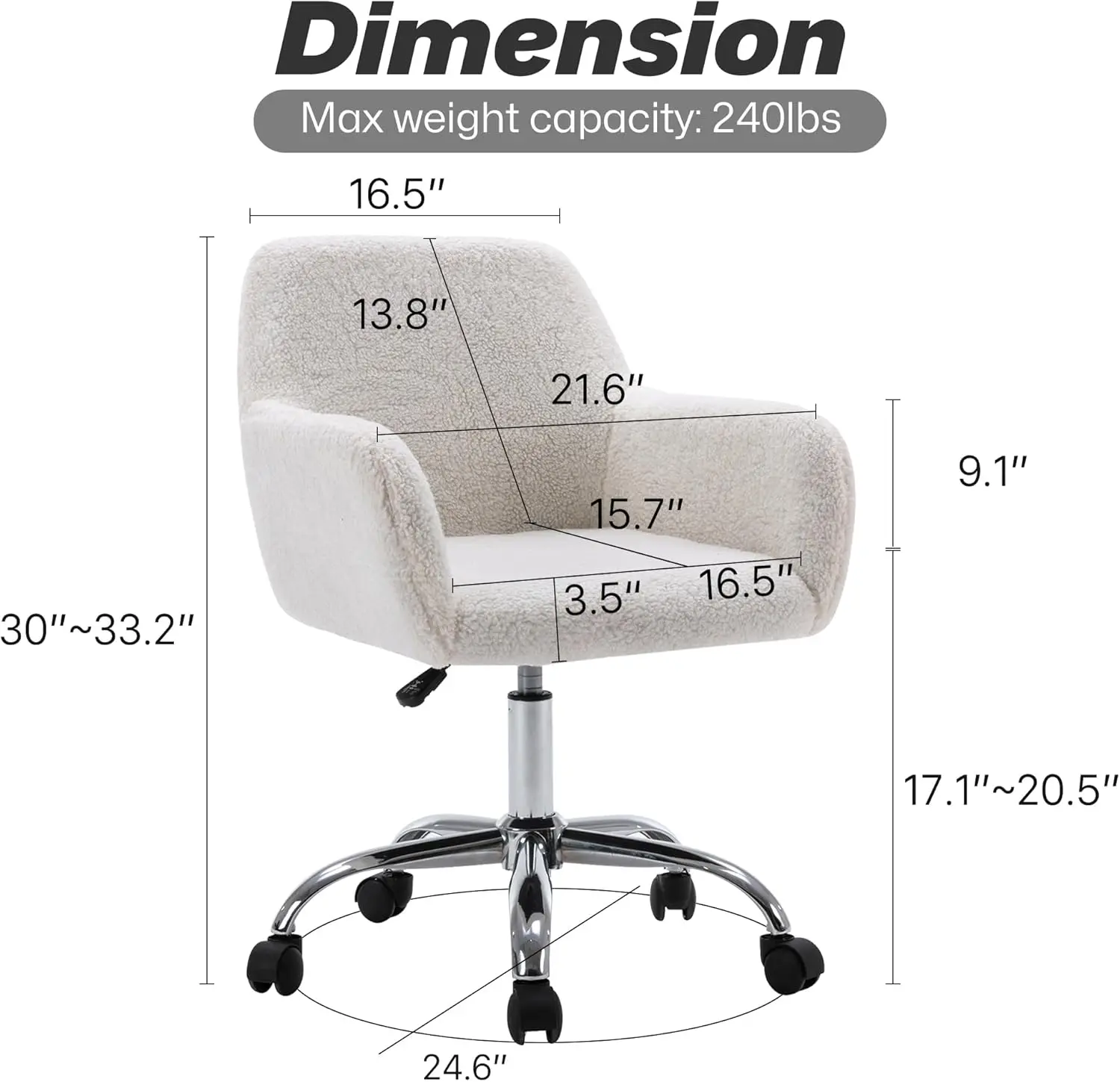 Cadeira de mesa de maquiagem de pele sintética, poltrona de lazer moderna giratória fofa e confortável com rodas, altura felpuda estofada ajustável