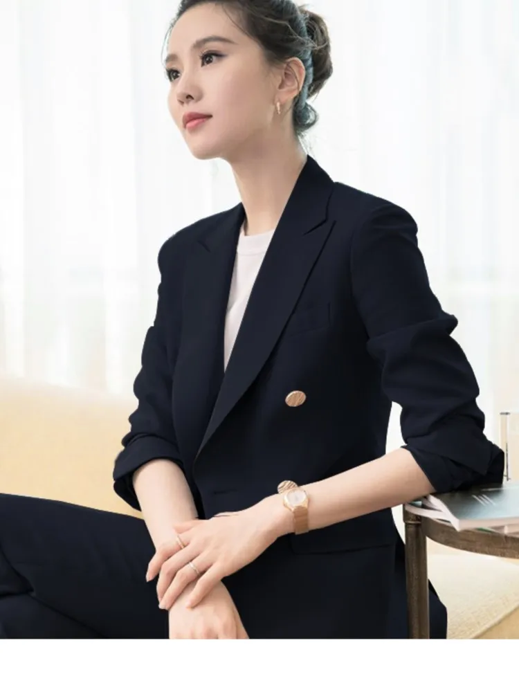 Women‘s Fashion Elegant Blazer Pantssuit Long Sleeved Casual Jacket and Pants Two Pieces Set Female Business Workwear Trousers S