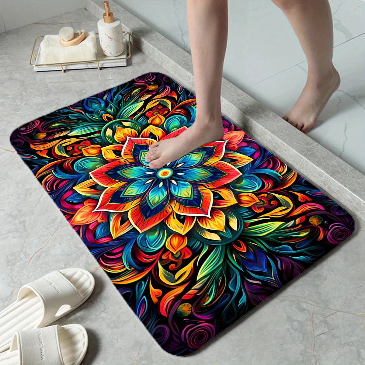 Lebendiger Mandala-Druck, rutschfester Badteppich, weicher Flanell-Schwamm, gewebte Badezimmermatte, Weihnachts- und Feiertagsdekoration für Zuhause