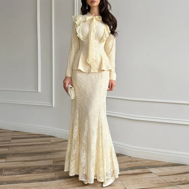 

Two Piece Set Women Outfit 2026 Spring Autumn New Lace Up Collar Long Sleeved Top & Hip Hugging Elegant Lace Long Skirt Set