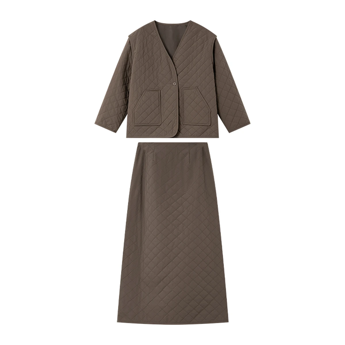VIMLY Damesroksets 2025, Winter Vintage Gewatteerde Gewatteerde V-hals Pocket Tops Rechte Lange Rokken Dames Tweedelige set M9621