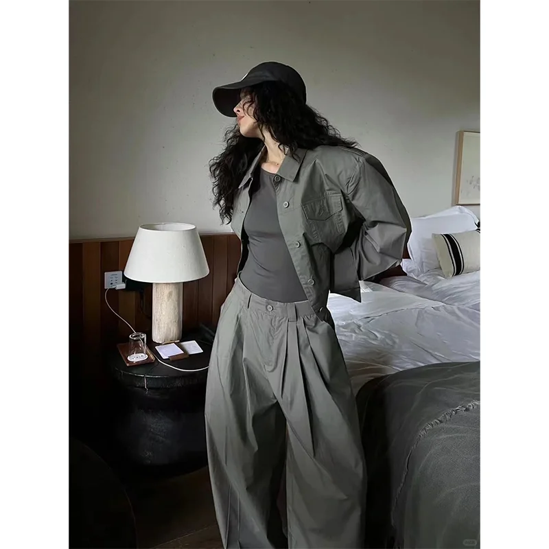 American Retro Single-breasted Temperament Long-sleeved Shirt Women's 2026 Autumn New Fashion Casual Wide-leg Pants