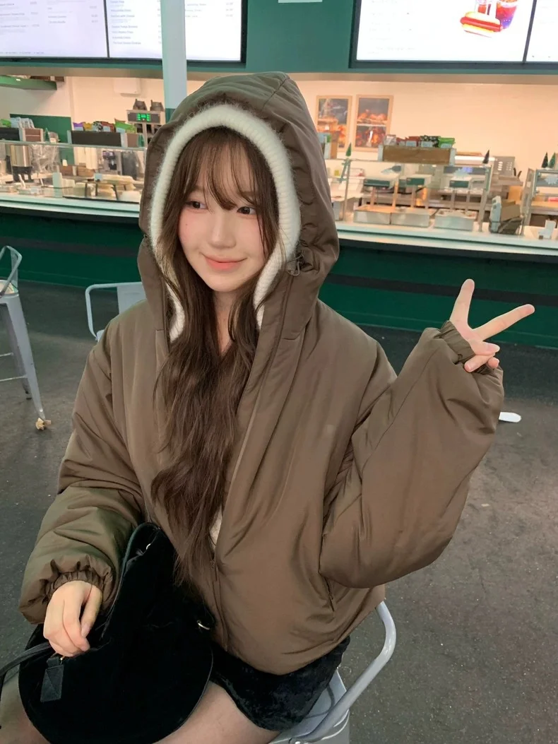 Abrigo coreano Sle Jaet con capucha y cremallera para mujer, prendas de vestir exteriores holgadas de algodón, longitud ort, Color, invierno, recién llegado