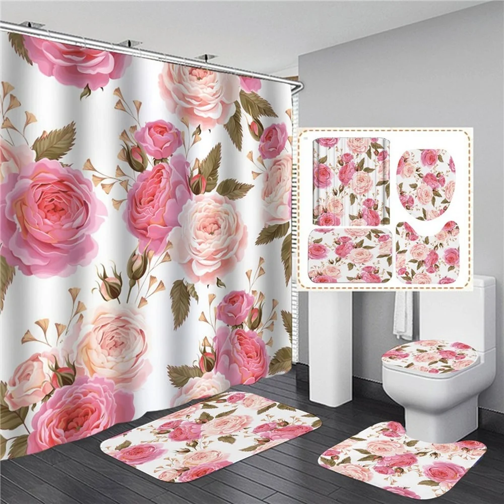 Pink Flowers Rose Elegant Printed Shower Curtain Set Waterproof Women Bathing Bathroom Pedestal Rug Lid Carpet cortina ducha