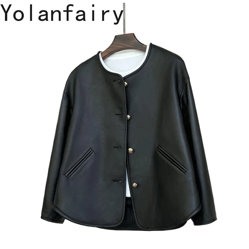 

YOLANFAIRY 100% Real Sheepskin Coat Woman 2026 High-end Genuine Leather Jacket Women Short O-neck Black Leather Jackets Elegant