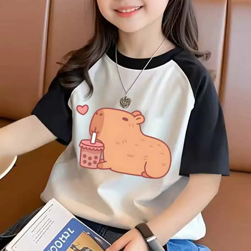 

Cartoon Capybara Cotton Children's Clothing Capybara Boba Tea Graphics Boys Girls Summer Tops Comfortable T-shirts