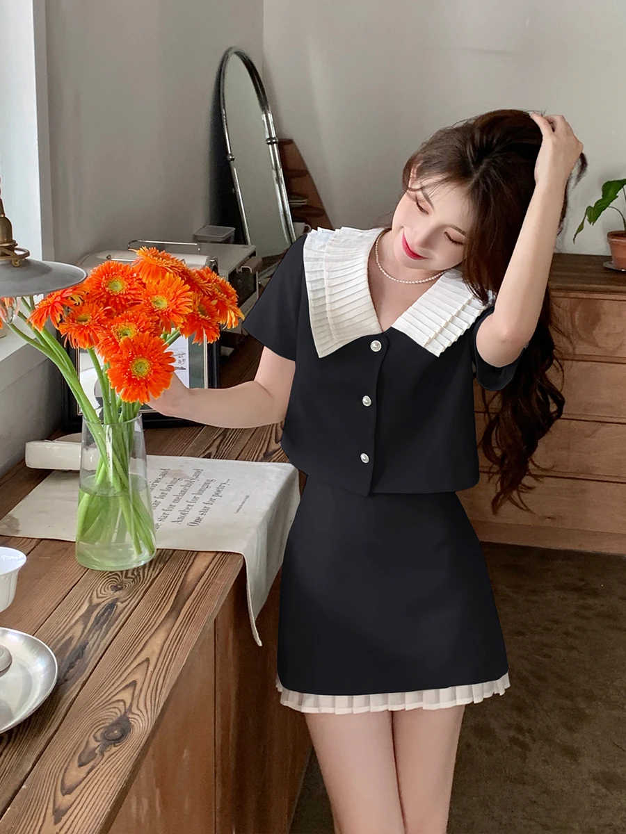 Summer Small Fragrant French Ruffles Patchwork Chic Peter Pan Collar  Jacket+Slim Mini Skirt Suits 2 Pieces Sets Women\'s Outfits