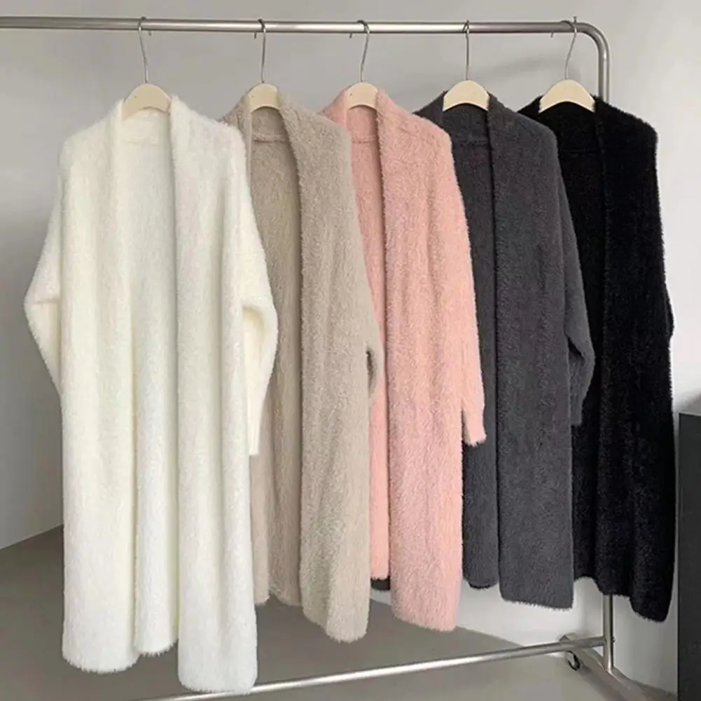 white Long Cardigan for women 2024 winter clothes Knitted fluffy long sleeve Cashmere sweater coat korean style warm vintage