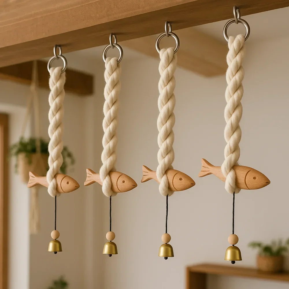 Marine Beach Themed Wood Fish Sculpture Hand Carved Handcrafted Fish Door Chimes with Bell Rustic Fish Wall Hanging Decor