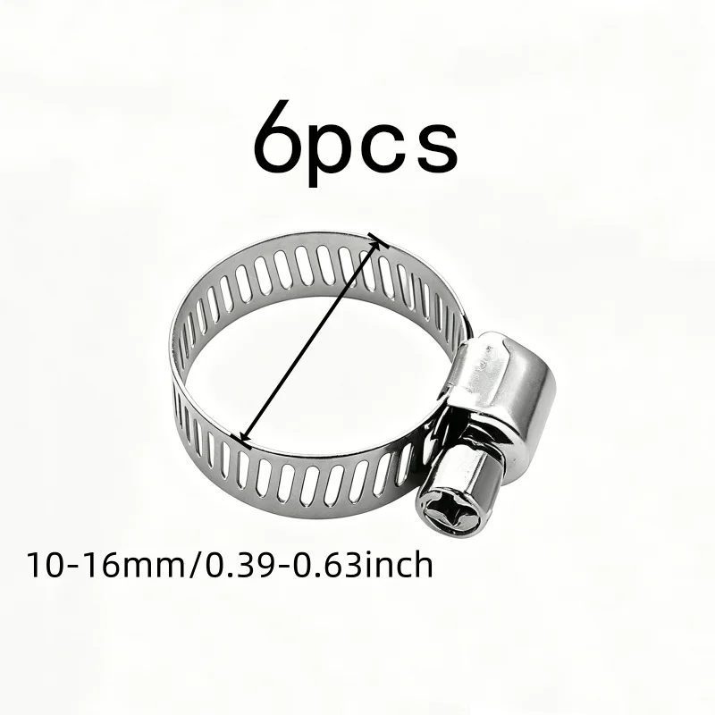 6 pcs 10-16mm Adjustable Worm Drive Clamps with Adjustable Tightening Range, Multipurpose, Versatile, Practical