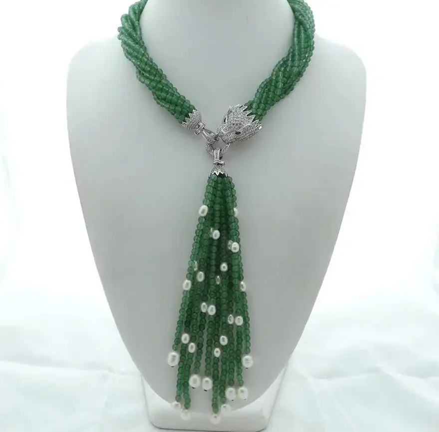 8Strands white freshwater pearl green stone necklace micro inlay zircon accessories leopard head Clasp Tassel pendant