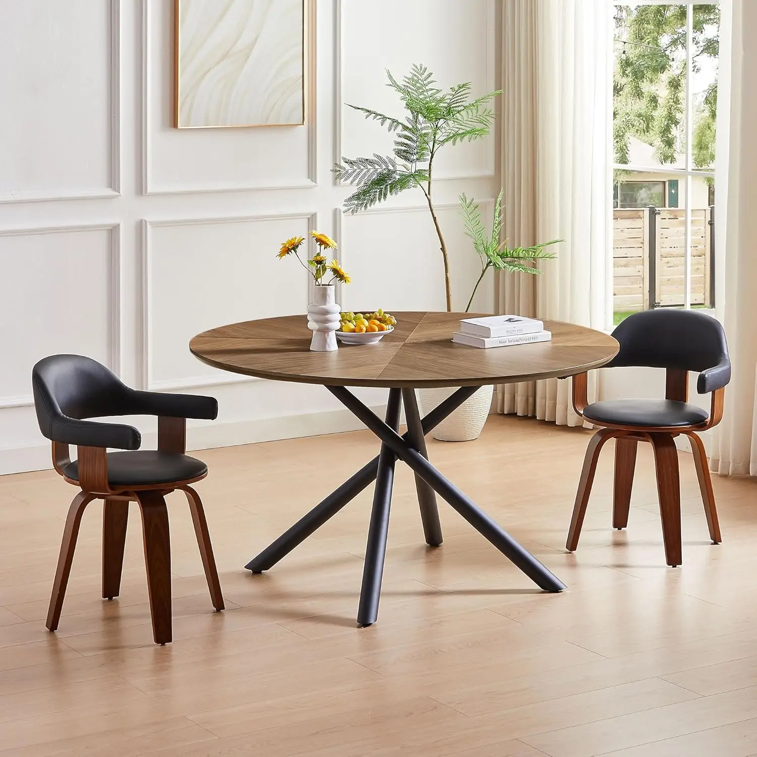 Williamspace 47.25"" Modern Round Wood Dining Table For 4 To 6, Luxury Kitchen Table With Solid Carbon Steel Base, Mid Century