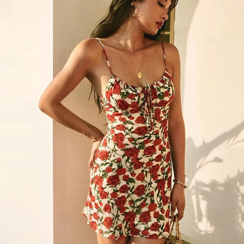 Mini vestido con tirantes finos para mujer, estampado de flores rosas, Retro, con cordones, vacaciones de verano, 1 unidad