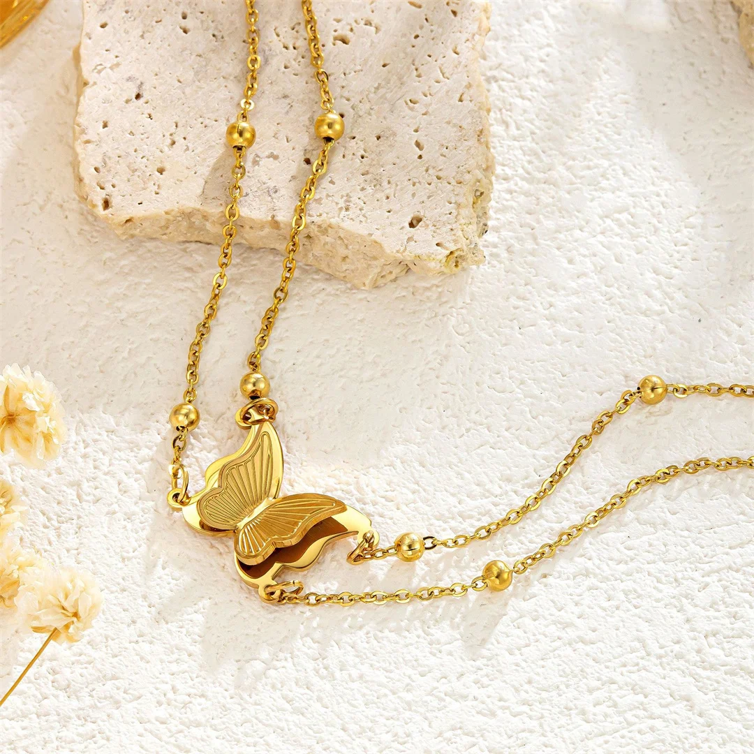 Punk Fashion Butterfly Charm Bracelet Female Gold Color Stainless Steel Double Layer Bead Chain Link Bracelets for Women Jewelry