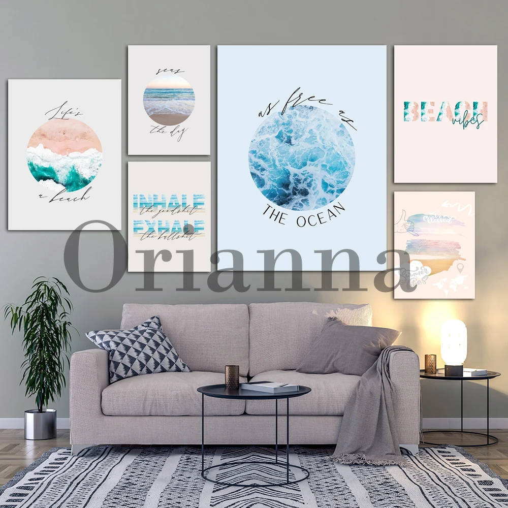 Beach Ocean Themed Coastal Tropical Hawaiian Islands Waves Palm Trees Wall Art Canvas Prints Posters Living Room Decor Painting