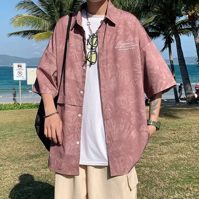 

Loose Men's ort Sve irt Summer Casual Dyed Japanese Sle Five-Quarter Length Faionable for Couples Autumn Wear