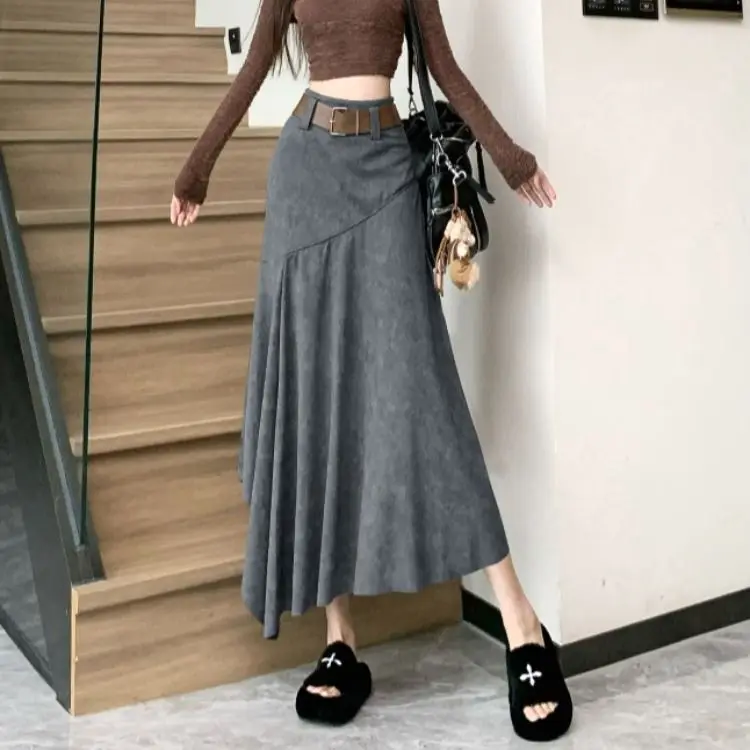 

Gray Spliced Half Skirt for Women New High Waist Slimming Irregular Draped Versatile A-Line Long Skirt