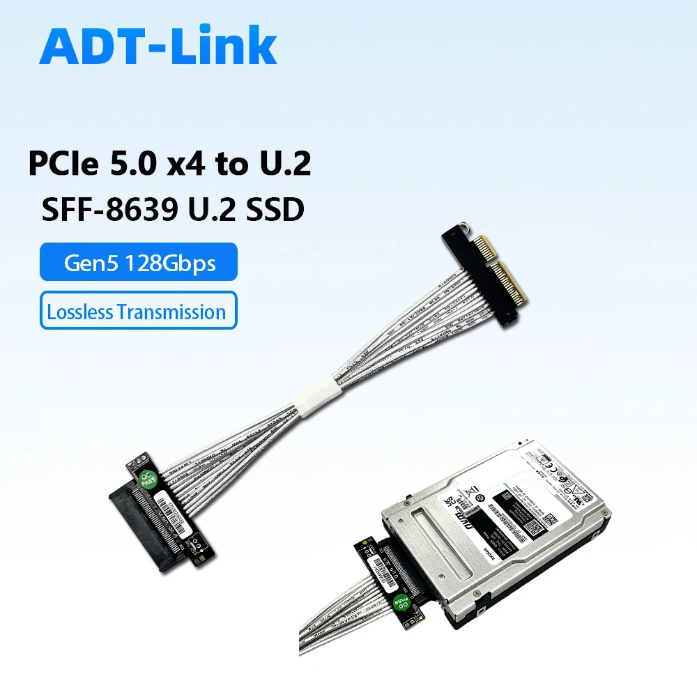 ADT PCIe 5.0 X4 To U.2 SFF-8639 Extension Cable Gen5 128Gbps Lossless Riser High Temp Resistant for Industrial Server NVMe SSD