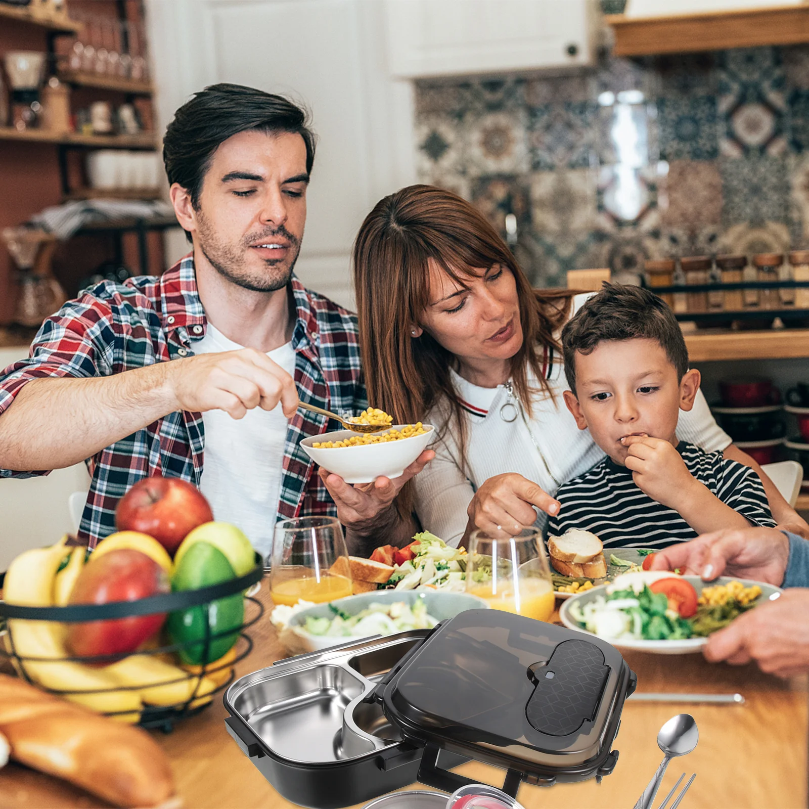 

1 Set 2000Ml Thermal Lunch Box Insulated Food Storage Container With Grid Design For Students Workers Portable Warm Keeping