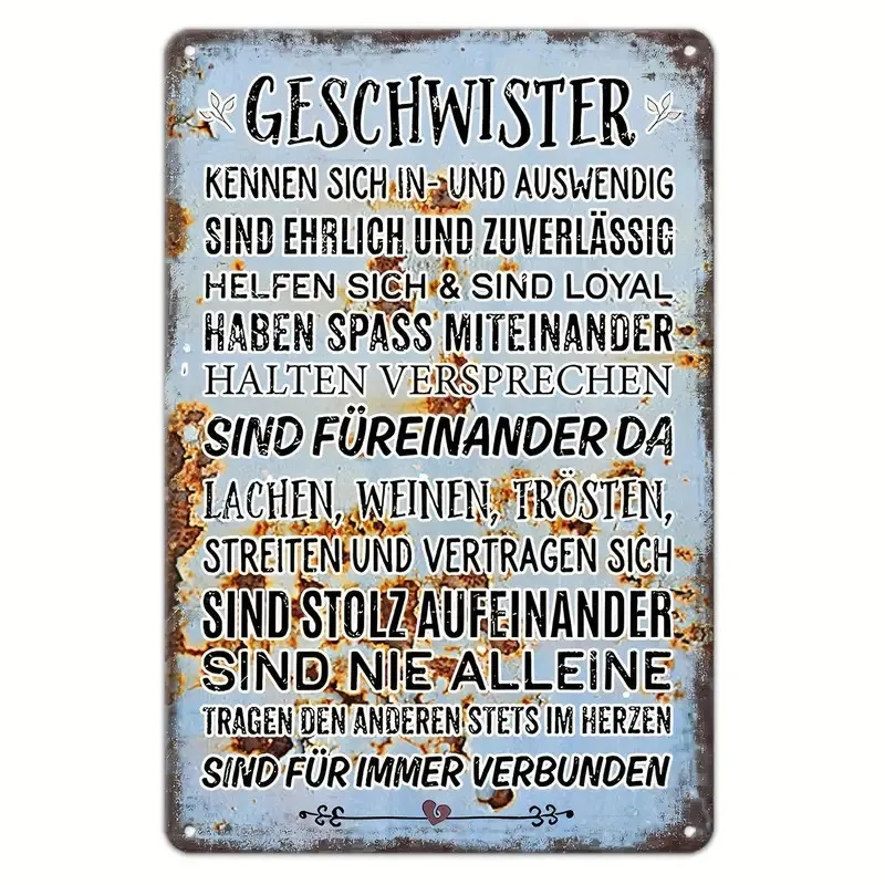 Vintage German Siblings Tin Sign - Rustic Metal Wall Art with Inspirational Family Values Quote Decorative Plaque for Living