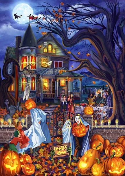 Jigsaw Puzzle 500/1000/1200/2000PCS  Halloween Spooky Mansion Pumpkin Lantern Ghost Party Night View Assembly Entertainment Gift