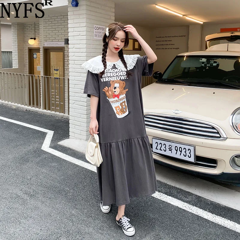 NYFS 2024 Summer New Korea Loose Woman Dress Vestidos Robe Elbise Fashion Cotton Lace Doll Collar Short Sleeve Cake Dress