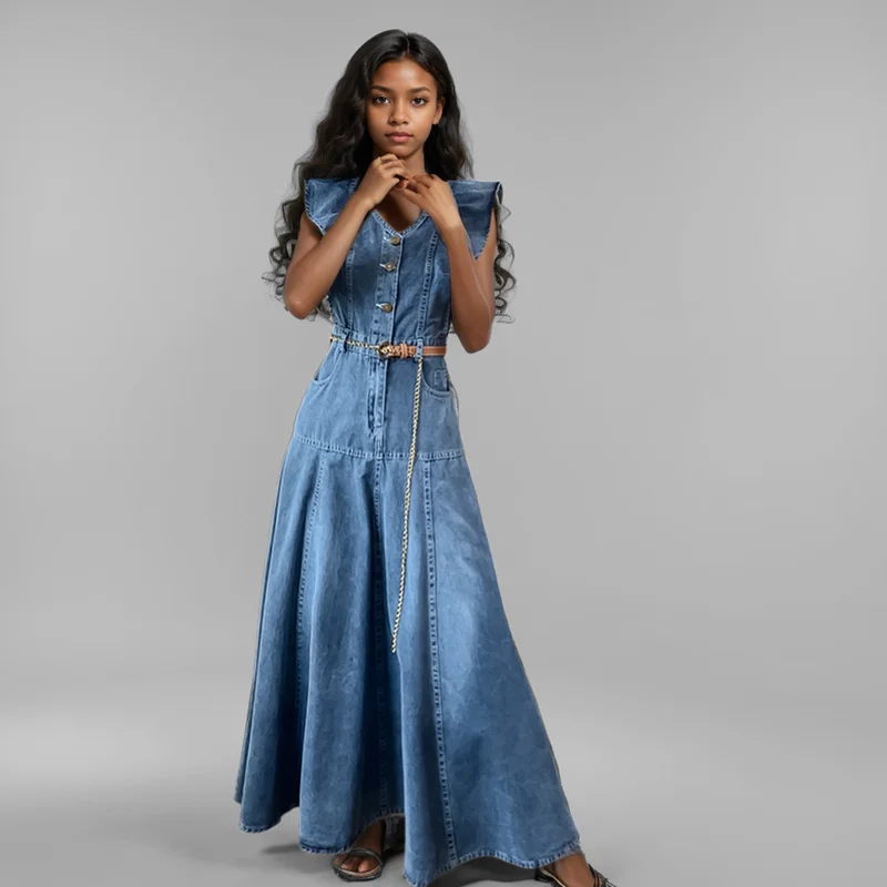 WTHT New Trendy Women\'s V-neck Ruffled Edge Sleeveless Denim Dress 2024 Autumn Chain Belt Single Breasted Dresses Female 1LS126