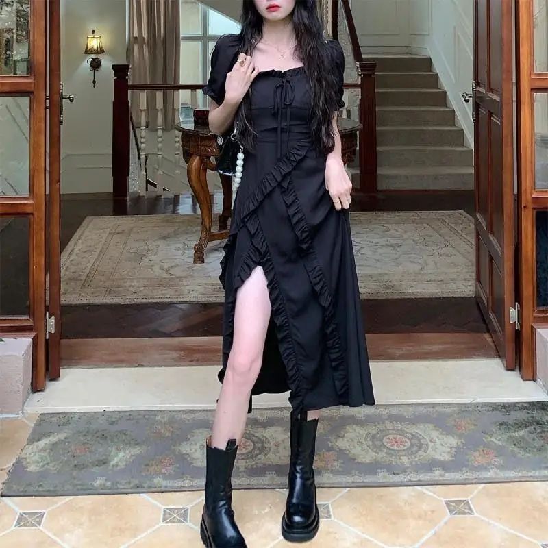 

Платье с квадратным вырезом во французском стиле и галстуком, весна2024, новый стиль, облегающий дизайн с разрезом на талии, женская длинная юбка