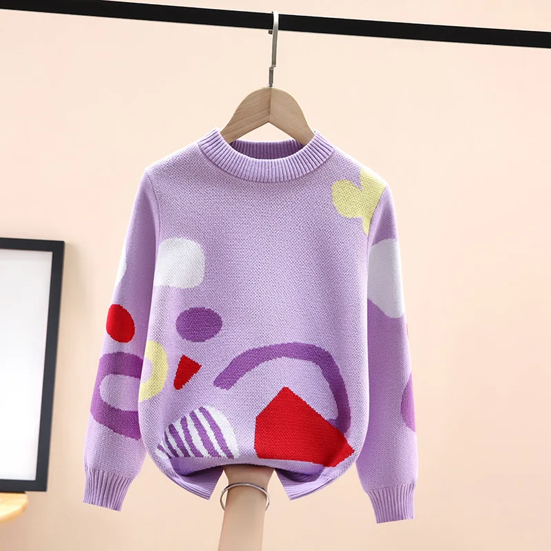 Cartoon pattern Cotton Kids Sweater Girls Sweaters Knitwear Princess Teenager Pullovers Knitted Sweaters for Children Pink 5-15T