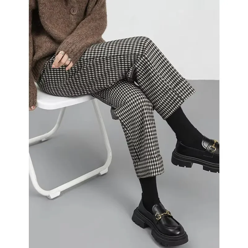 Checkered woolen Harlen pants for women in autumn and winter, small stature high waist, casual straight tube, slim cropped pants