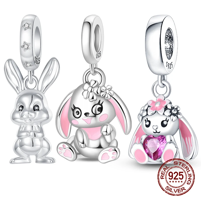 

Подвески из стерлингового серебра 925 пробы с милым кроликом, гипоаллергенный пасхальный кулон из бисера, подходят для браслетов, очаровательные ювелирные изделия, подарок для женщин