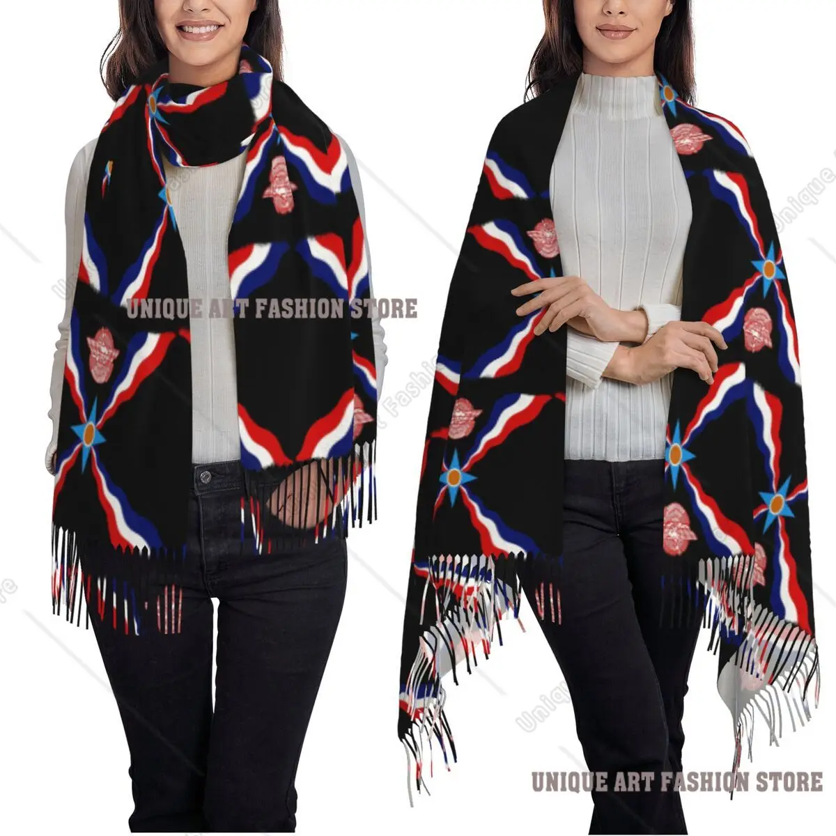 豪華なアッシリアのスリョーヨ旗柄スカーフ、タッセル付きスカーフ、女性用ソフトで暖かいショールとラップ、大きな秋冬用ショールラップ