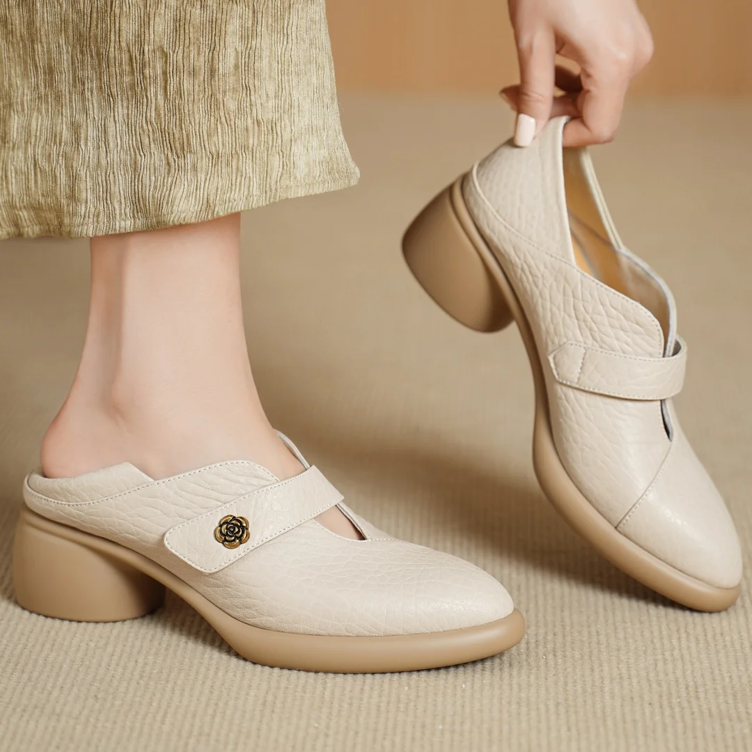 

Women's sheepskin pointed toe metal buckle slip-on Mary Jane pumps 5cm round med heel casual female high quality soft daily shoe