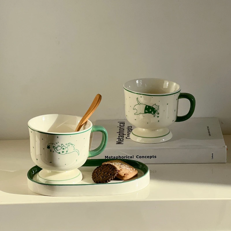 كوب طويل من السيراميك لطيف، مستوى مظهر عالي، أكواب قهوة حديثة وبسيطة للإفطار، ملحقات أدوات الشرب المنزلية #3