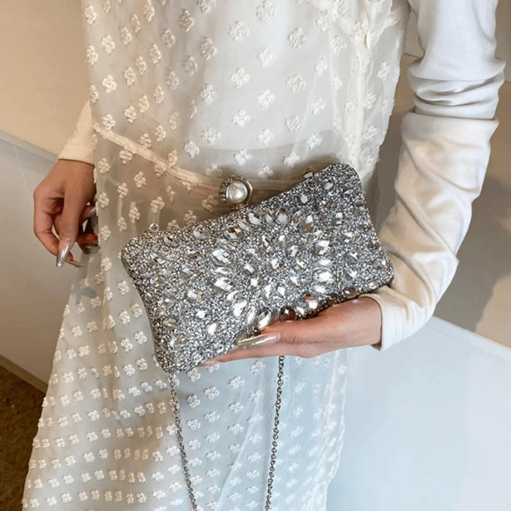 

French Shiny Evening Banquet Bag Sequin Bling Crystal Colorful Rhinestone Shoulder Bag Handbag Pearl Chain Crossbody Bag Party