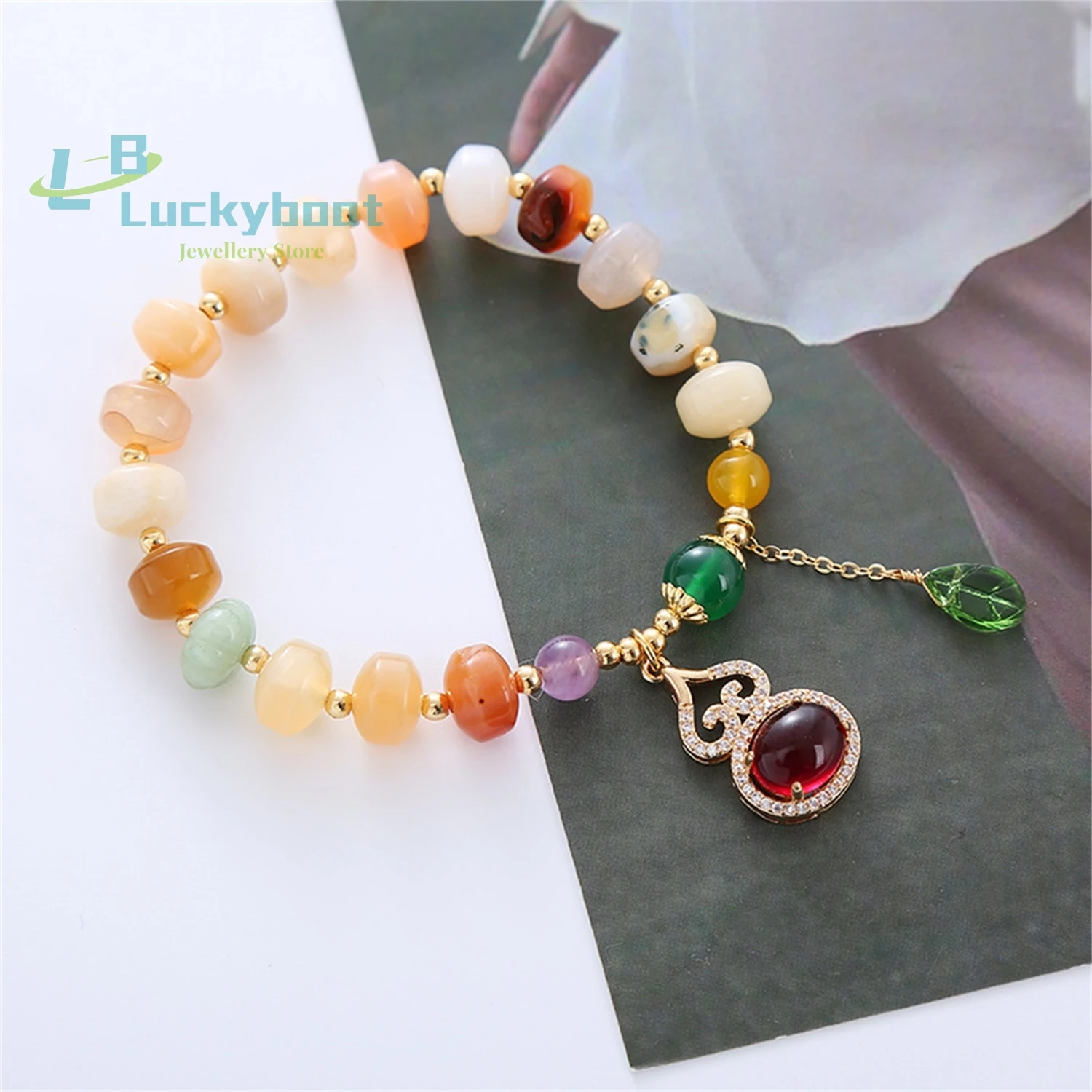 Natural agate prayer gourd bracelet with new colorful bucket beads, light luxury and versatile tassels, fashionable men's and wo