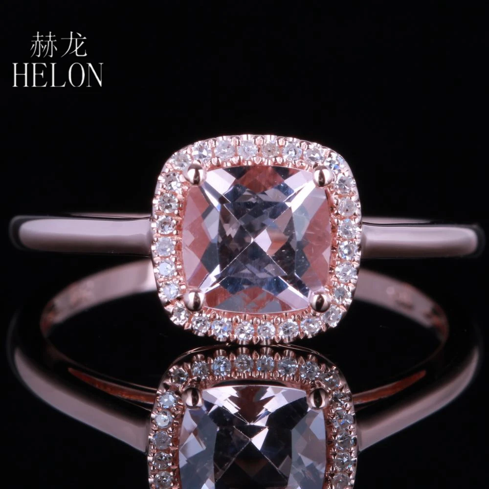 HELON Solid 14K AU585 Rose Gold Cushion 6mm Morganite Diamonds Engagement Wedding Ring Women Halo Diamonds Fine Jewelry Gift