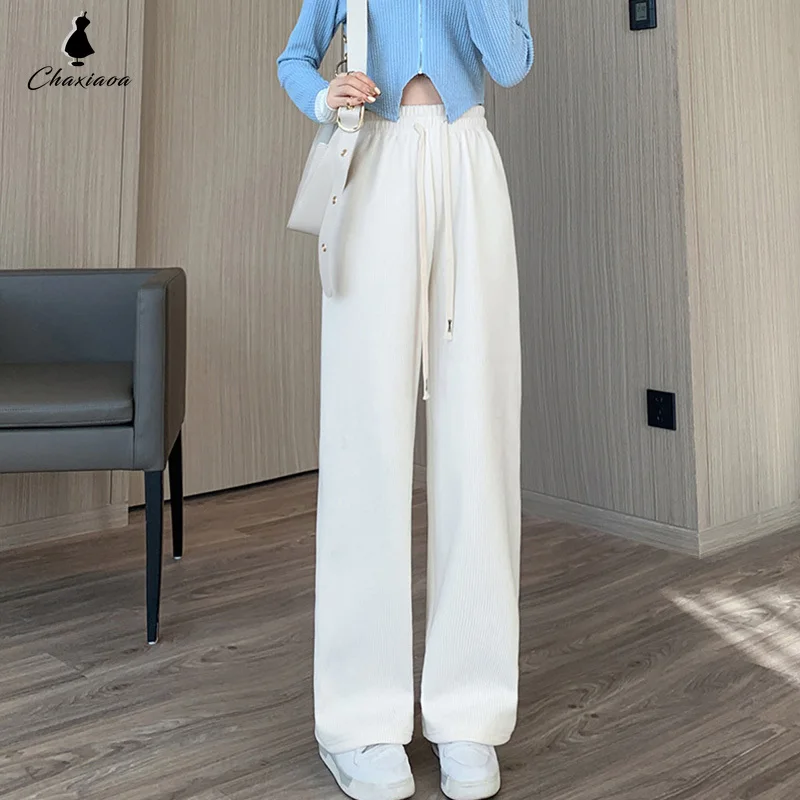 

CHAXIAOA Women Long Pants Spring Autumn Women Elastic Waist Stright Long Wide Leg Pants 2024 Casual Female Long Pants Trousers