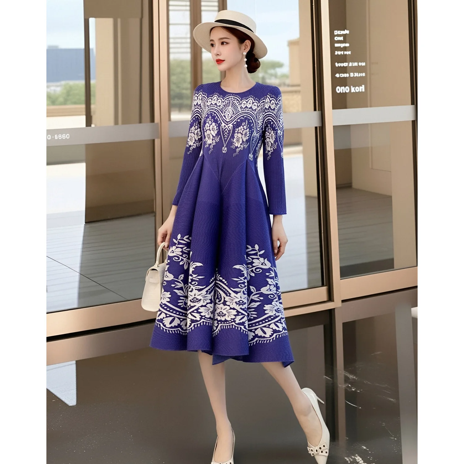 

Miyake Elegant French-style Floral Printting Women's Dress Spring New Loose Elastic A-line Dresses Half Sleeve Clothing 2DB6794