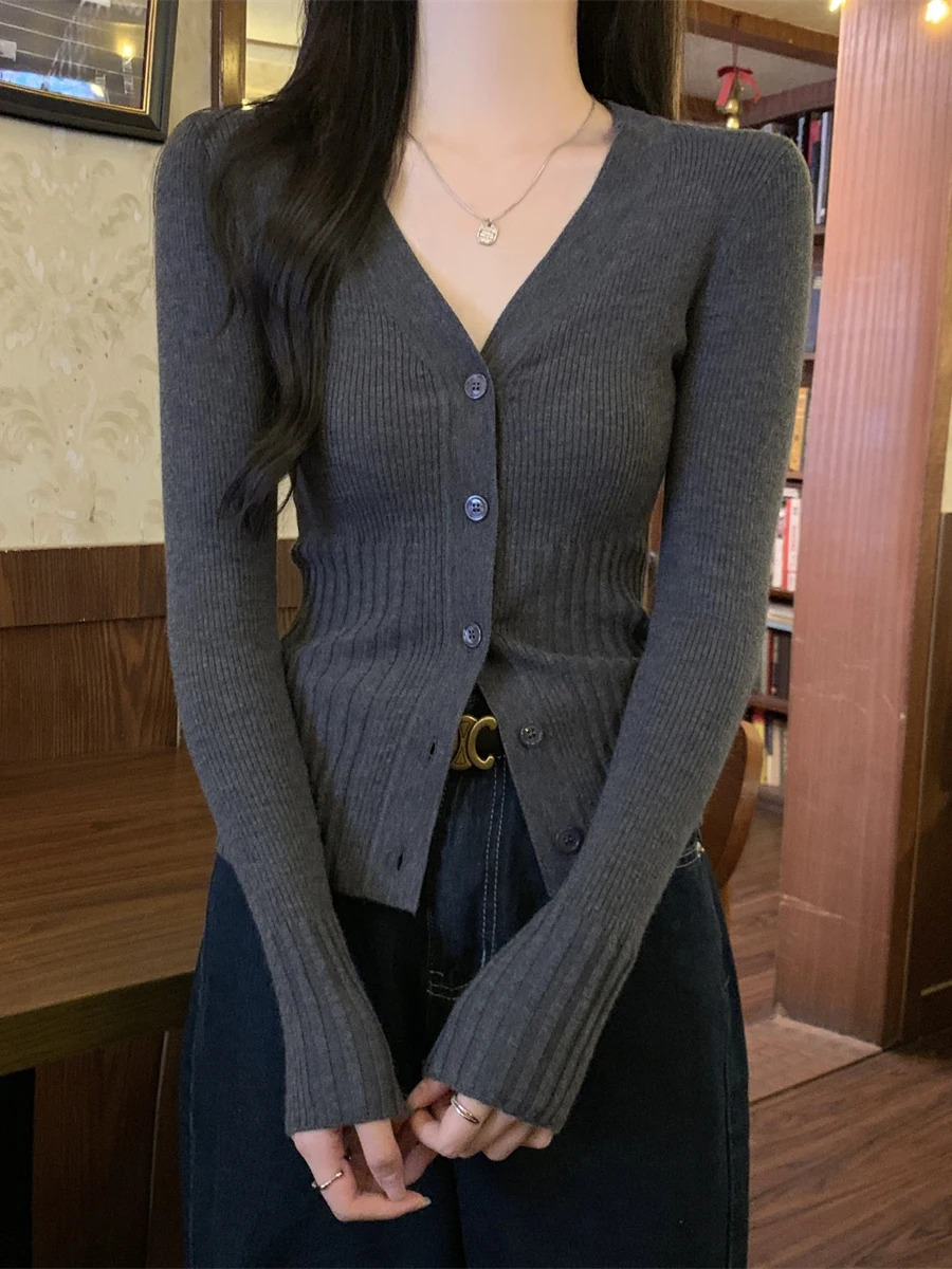 

Ele Slim Fit V-Ne Long Sve вязаный кардиган женский осенне-зимний утягивающий свитер с открытой передней частью и застежкой на талии