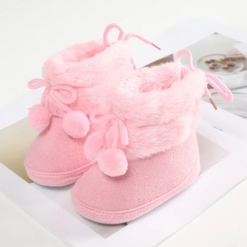 Winter Baby Boots Plus Velvet Snow Booties Baby Shoes Warm baby Girl Shoes Pompom Soft Sole Indoor Walking Shoe