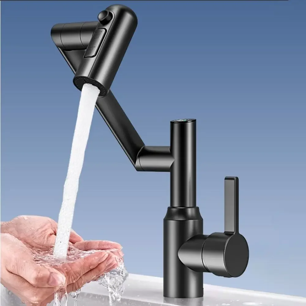 Stainless Steel Universal Rotation Faucet Temperature Display 3 Water Modes Mechanical Arm Faucet Durable and Long-lasting
