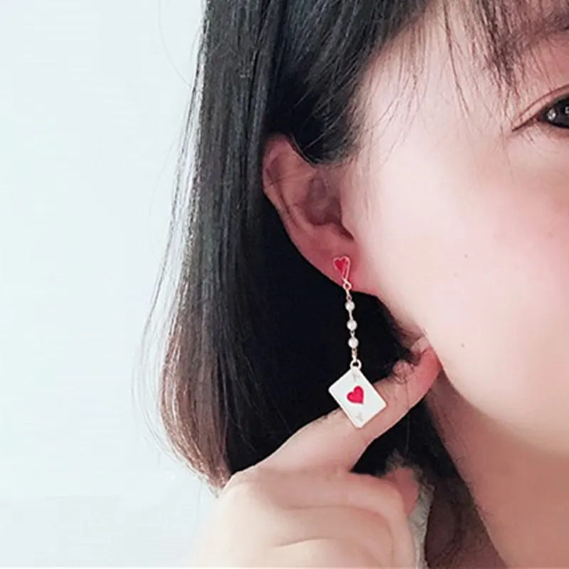 Asymmetric Earrings Poker Clock Dangle Earrings For Women Girls Long Imitation Pearls Brincos Jewelry