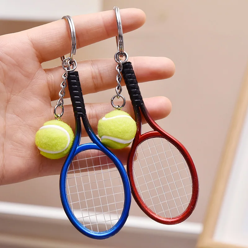 Promotion Gift 3D Mini Tennis Ball Racket Keychain Cute Simulation Keyring Bag Key Charms