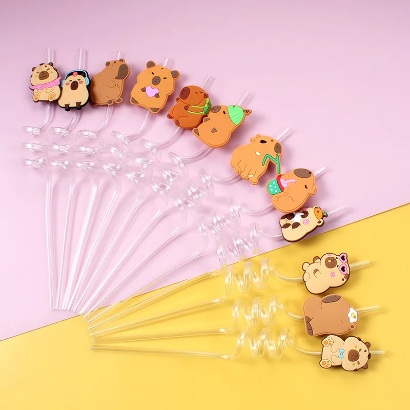 12 stuks cartoon capibara herbruikbare spiraalrietjes, papyrus hagedis thema rietjes voor decoratie, voor feest, verjaardag voor drinkfeest