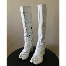 Botas de pezuña con estampado de caballo Para mujer, Zapatos de tacón alto y grueso, con tinta blanca, a la moda, Para banquete, 2023