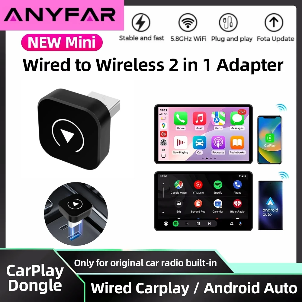 2-in-1 무선 CarPlay 및 Android Auto 어댑터, 스마트 USB 동글, iPhone 및 Android 기기와 자동 연결, 플러그 앤 플레이 방식, 순정 유선 연결 방식의 차량에 사용 가능