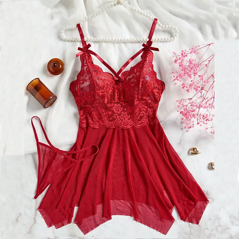 

Сексуальное красное нижнее белье, комплект из бюстгальтера и стрингов, женское эротическое нижнее белье, кружевная прозрачная одежда для сна с v-образным вырезом, однотонная одежда для сна и платья