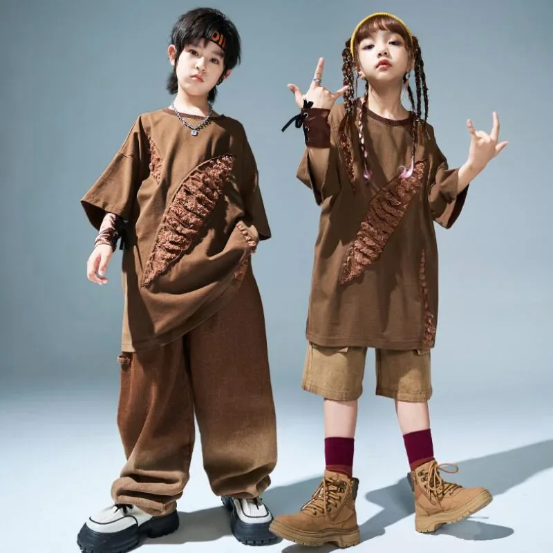 Hip Hop Girls Boys T-shirt Street Dance Loose Cago Pants Shorts Child Solid Showing Clothes Sets Kids Stagewear Jazz Costume